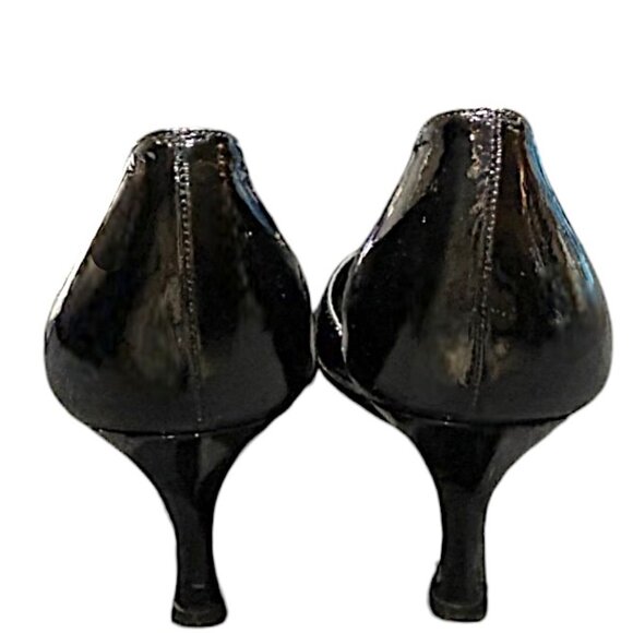 Stuart Weitzman Black Patent Leather Cut Out Peep Toe Heel Grosgrain Bow Size 9N - Picture 6 of 9